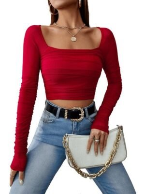 clobug Square Neck Net Fitted Crop Top