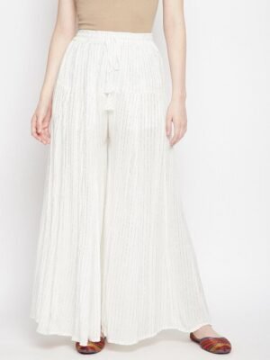 Clora Creation Women White Striped & Embellished Flared Palazzo