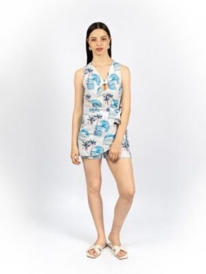 CORY EDGE Women Tropical Printed Cut Outs V-Neck Cotton Jumpsuit
