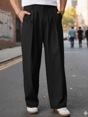 COVZ Men Relaxed Straight Leg Straight Fit Easy Wash Pleated Korean Pants
