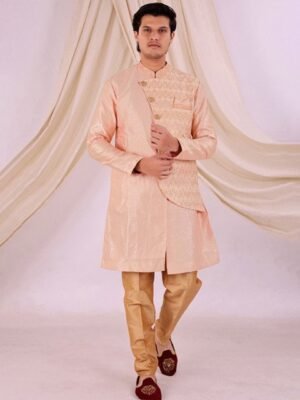 Desibutik Floral Embroidered Mandarin Collar Thread Work Sherwani With Pyjama