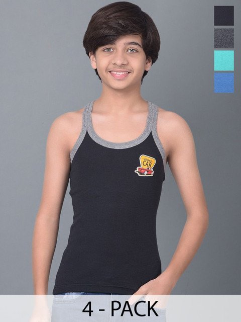 Dollar Bigboss Kid's Solid Pack of 4 Combed Cotton Rib Fabric Gym Vest