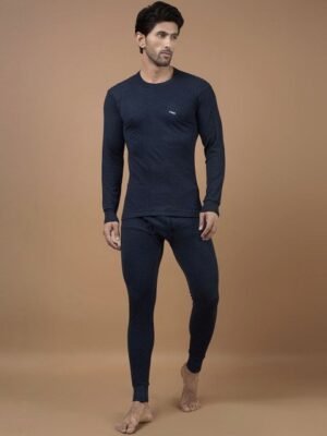 Dollar Men Navy Blue Solid Round Neck Long Sleeves Cotton Thermal T-Shirt & Trouser Set