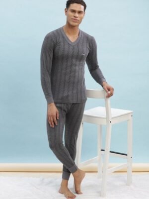 Dollar Ultra Men Grey Striped Thermal Set