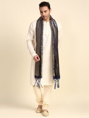 Dupatta Bazaar Men Navy Blue & Off White Floral Woven Design Dupatta