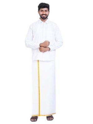 Ethazh Shirt Collar Long Sleeves Pure Cotton Shirt With Dhoti