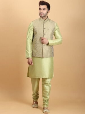Ethluxis Mandarin Collar Jacquard Weave Straight Kurta with Churidar & Nehru jacket