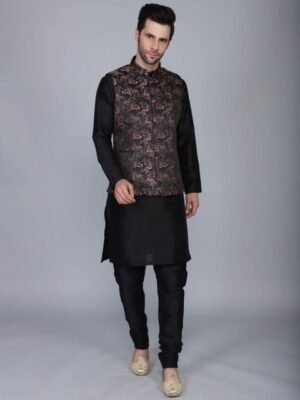 Ethluxis Mandarin Collar Jacquard Weave Straight Kurta with Pyjama & Nehru Jacket