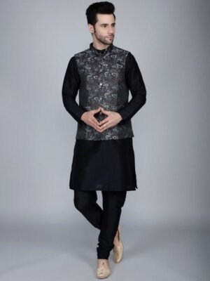 Ethluxis Mandarin Collar Jacquard Weave Straight Kurta with Pyjama & Nehru Jacket
