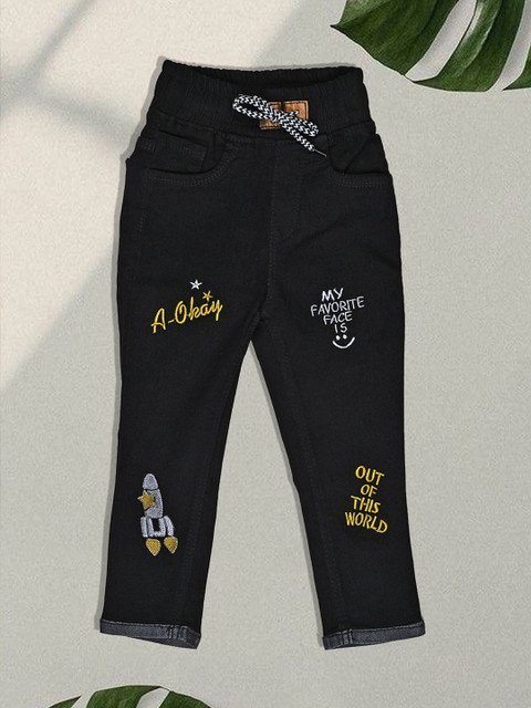 F2M Boys Embroidered Slim Fit High-Rise Trousers