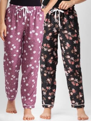 FashionRack Women Pack Of 2 Purple & Black Printed Lounge Pants