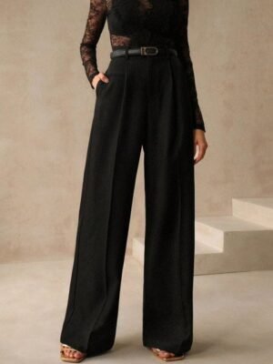 FNOCKS Women Relaxed Straight Leg Baggy High-Rise Pleated Trousers