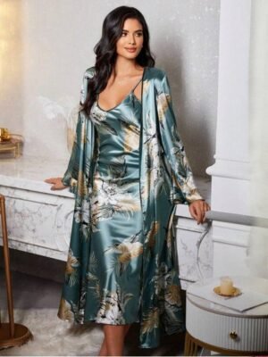 For You For Me Women Floral Printed Satin Nightdress With Robe