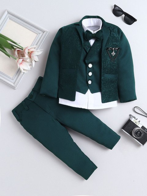 FOURFOLDS Boys Embellished Jacquard Notched Lapel Double Breasted 3- Piece Suit