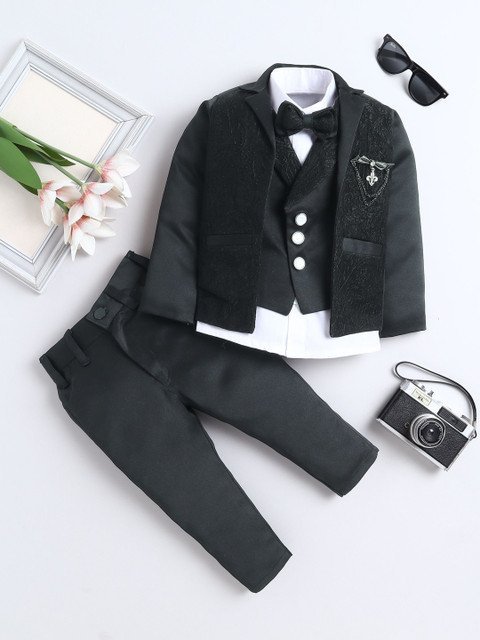 FOURFOLDS Boys Embellished Jacquard Notched Lapel Double Breasted Three-Piece Suit