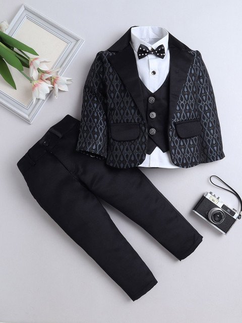 FOURFOLDS Boys Pack Of 3 Self Design Notched Lapel Suits