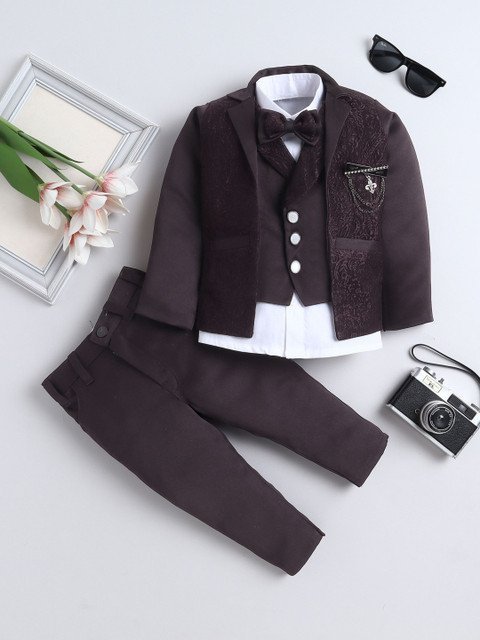 FOURFOLDS Boys Self Design Jacquard Notched Lapel Double Breasted Three-Piece Suit
