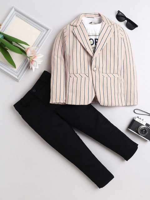 FOURFOLDS Boys Striped Blazer, Trousers & T-Shirt 3-Piece Party Suits
