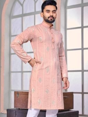 FoxDX Floral Embroidered Mandarin Collar Mirror Work Pure Cotton Straight Kurta