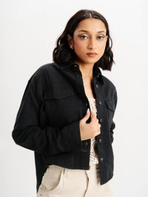 FREAKINS Black Twill Spread Collar Long Sleeves Cotton Crop Casual Shacket