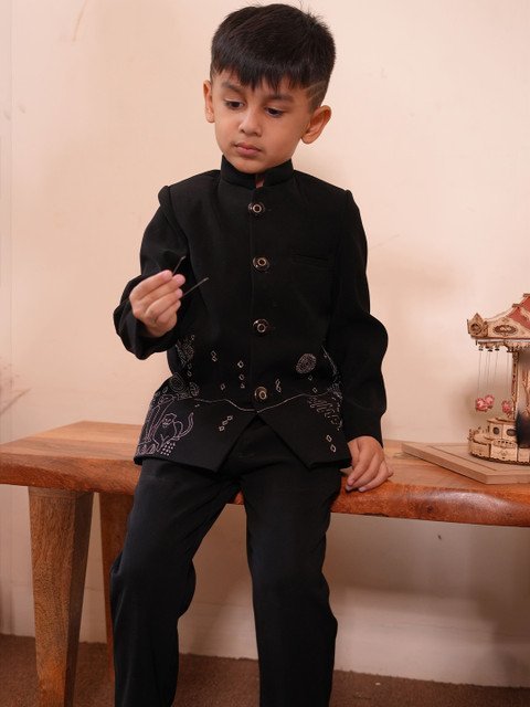 Funny Bones Clothings Boys Embroidered Bandhgala Jodhpuri Blazer With Trousers