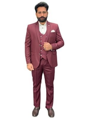 GARGIAN Master Cut Men 3 Piece Maroon Solid Blazer and Waistcoat with Trouser Suits