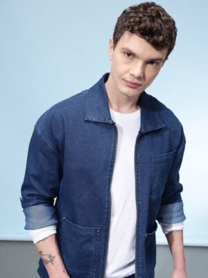 glitchez Spread Collar Denim Jacket With Zip Closure