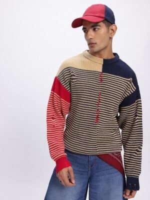 glitchez Stripes Self-Design Cut-Out Detail Acrylic Pullover