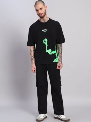 GRIFFEL Self-Design Oversized-Fit Pure Cotton T-Shirt & Track Pants Co-Ord Set