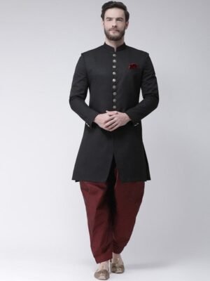 Hangup Men Black & Maroon Solid Sherwani Set
