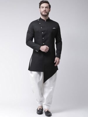 Hangup Men Black Solid Sherwani With White Solid Dhoti Pants