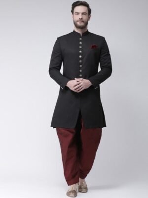Hangup Men Maroon & Black Solid Sherwani Set