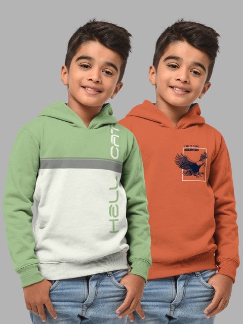 HELLCAT Boys Set Of 2 Green & Orange Printed Hooded Cotton Sweatshirt