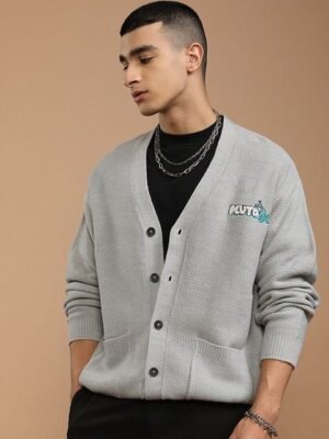 HIGHLANDER Men Pluto Embroidered Ribbed Cardigan with Embellished Detail