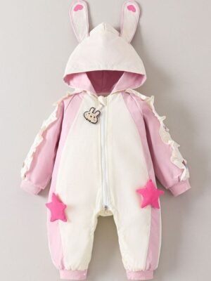 Hopscotch Girls Pink & White Bunny Ear Applique Hooded BodySuit