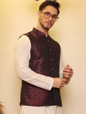 House of Pataudi Jacquard Woven Design Nehru Jacket