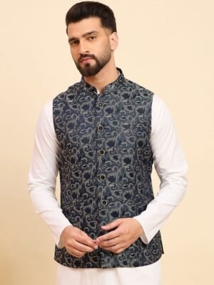 House of Pataudi Men Woven Design Mandarin Collar Nehru Jacket
