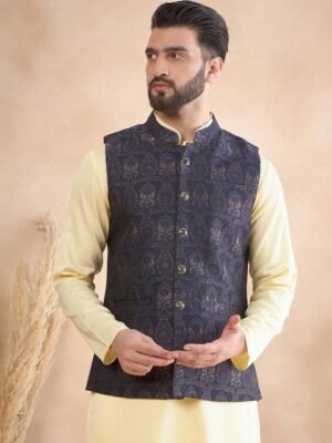 House of Pataudi Woven Design Mandarin Collar Nehru Jackets