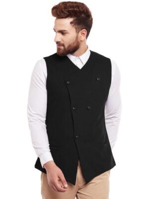 Hypernation Men Black Double-Breasted Waistcoat