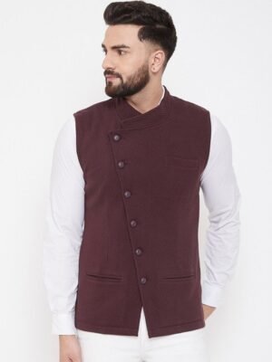 Hypernation Men Burgundy Solid Pure Cotton Waistcoat
