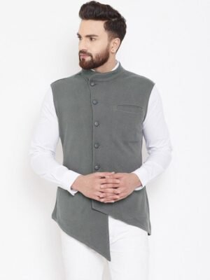 Hypernation Men Grey Solid Single-Breasted Pure Cotton Waistcoat