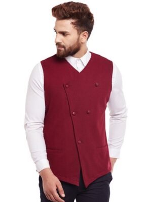 Hypernation Men Maroon Double-Breasted Waistcoat
