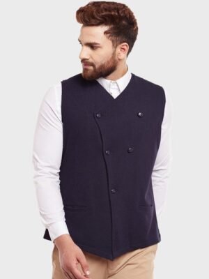 Hypernation Men Navy Blue Corduroy Double-Breasted Waistcoat