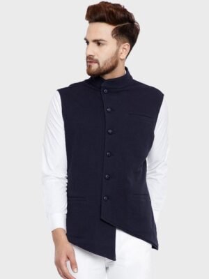 Hypernation Men Navy Blue Solid Pure Cotton Waistcoat