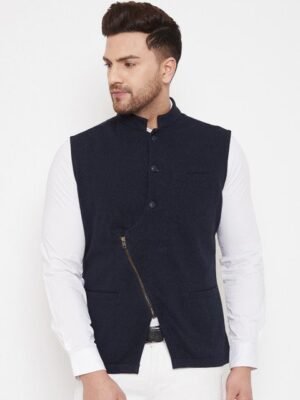 Hypernation Men Navy Blue Solid Waistcoat