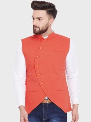 Hypernation Men Orange Solid Pure Cotton Waistcoat
