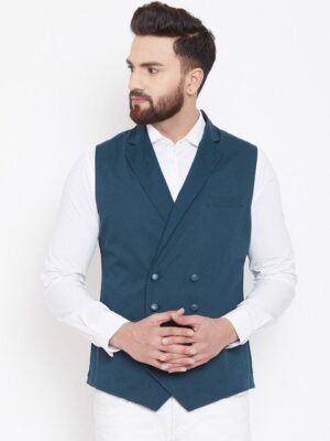 Hypernation Men Teal Blue Solid Double-Breasted Pure Cotton Waistcoat