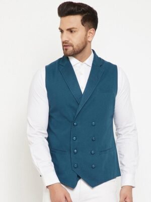 Hypernation Men Teal Blue Solid Waistcoat