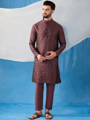 Inddus Ethnic Motifs Woven Design Jacquard Weave Stright Kurta With Trousers