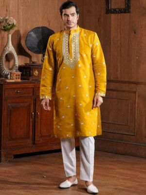 INDIROOP Floral Embroidered Cotton Silk Mandarin Collar Straight Kurta With Pyjamas